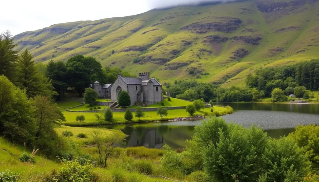 An image of Glendalough's serene monastic site surrounded by lush greenery and a tranquil lake.