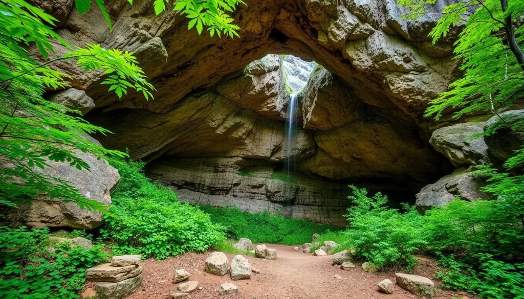 An image of Graham Cave State Park's ancient cave entrance