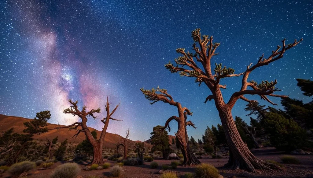 An image of Great Basin National Park with ancient bristlecone pines and a starry sky