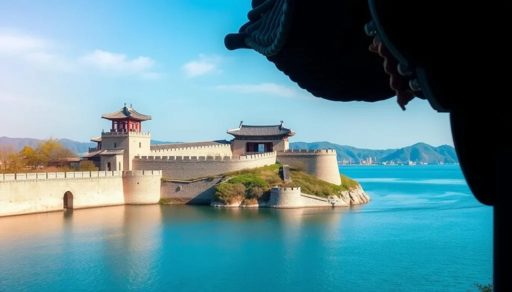 An image of Haengju Fortress with its stone walls and gates, set against a backdrop of the Han River.