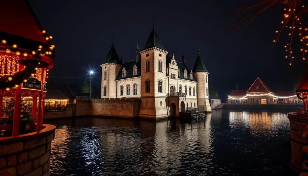 An image of Hagenwil Moated Castle surrounded by water, with a medieval architecture and a festive atmosphere.