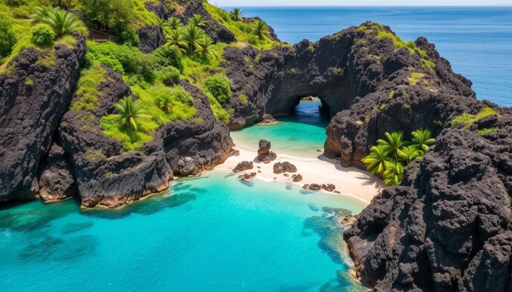 An image of Halona Beach Cove, a secluded beach nestled between volcanic rock formations on Oahu's southeastern shore.