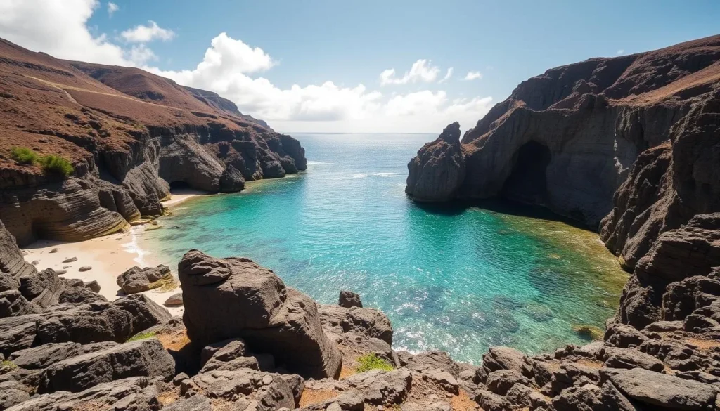 An image of Halona Cove, a secluded beach surrounded by rugged cliffs and crystal-clear waters.