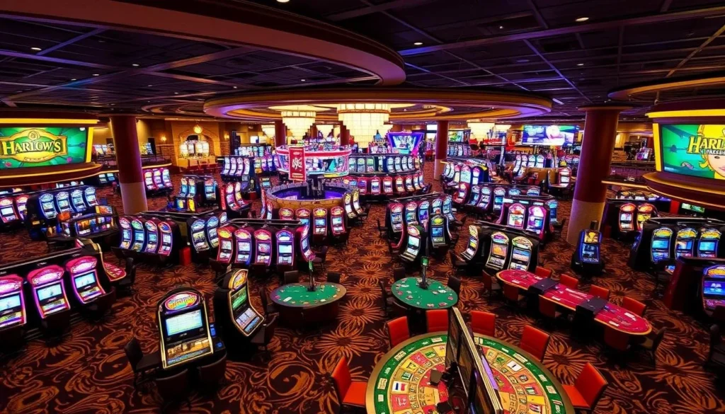 An image of Harlow's Casino Resort main gaming floor with various slot machines and table games.