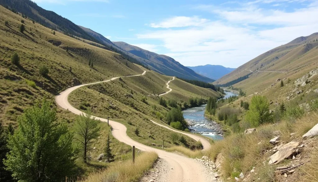 An image of Judge Davis Trail winding through a valley with Cache Creek in the background.