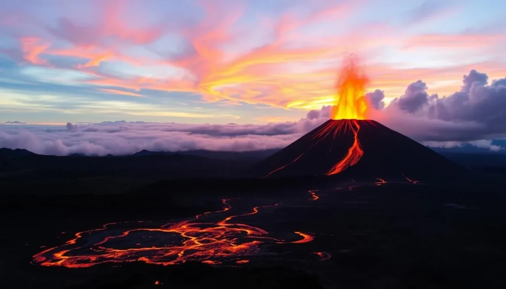 An image of Kilauea volcano erupting at sunset.