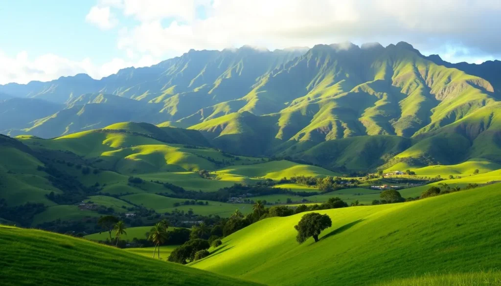 An image of Kualoa Ranch with its lush green landscapes and the iconic Kualoa Mountains in the background.