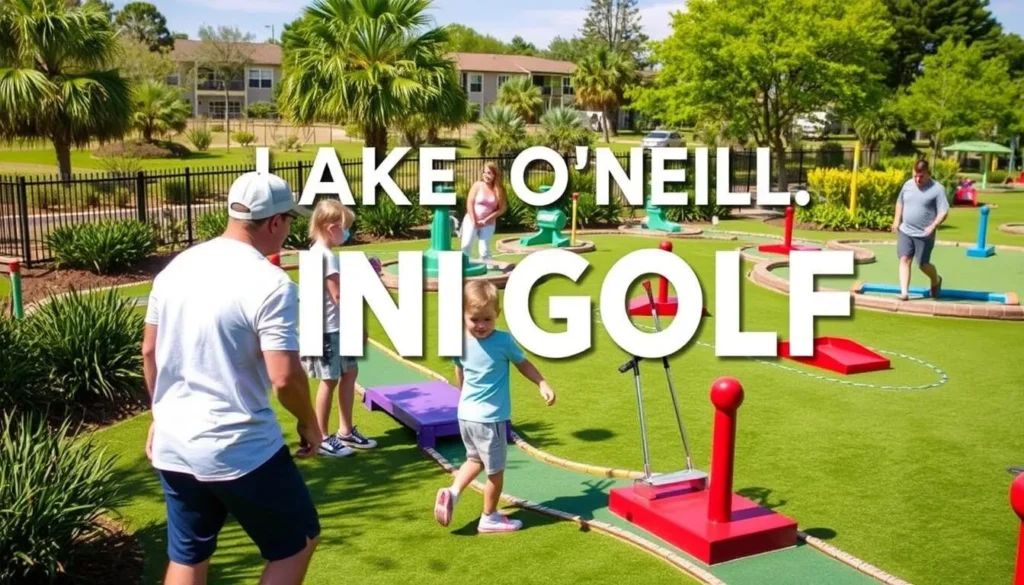 An image of Lake O'Neill's mini golf course on a sunny day with families enjoying the activity.