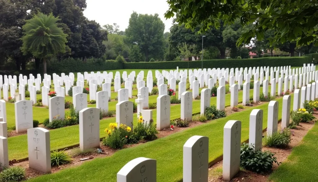 An image of Mainamati War Cemetery, featuring rows of identical headstones and a peaceful atmosphere.