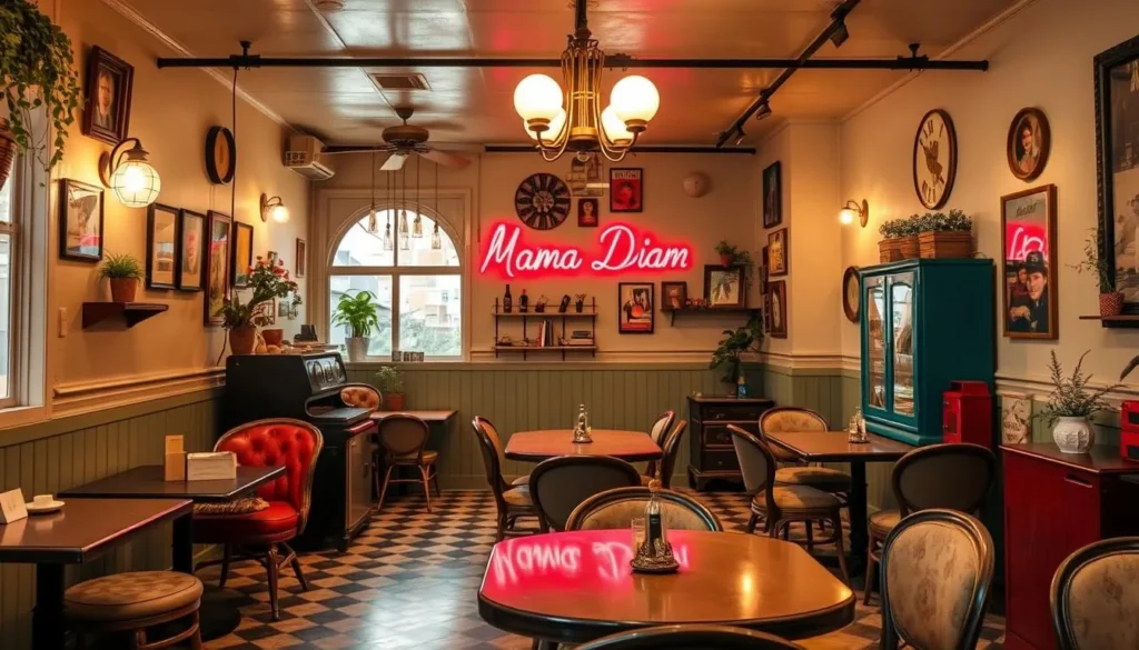 An image of Mama Diam's retro-themed interior, with vintage decor and a cozy atmosphere.