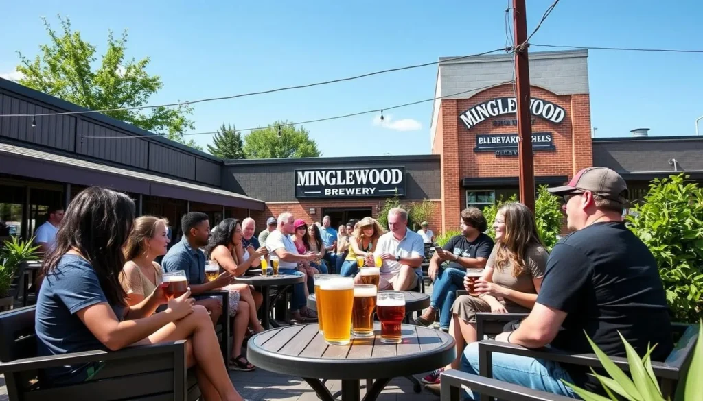 An image of Minglewood Brewery's outdoor patio with people enjoying craft beers.