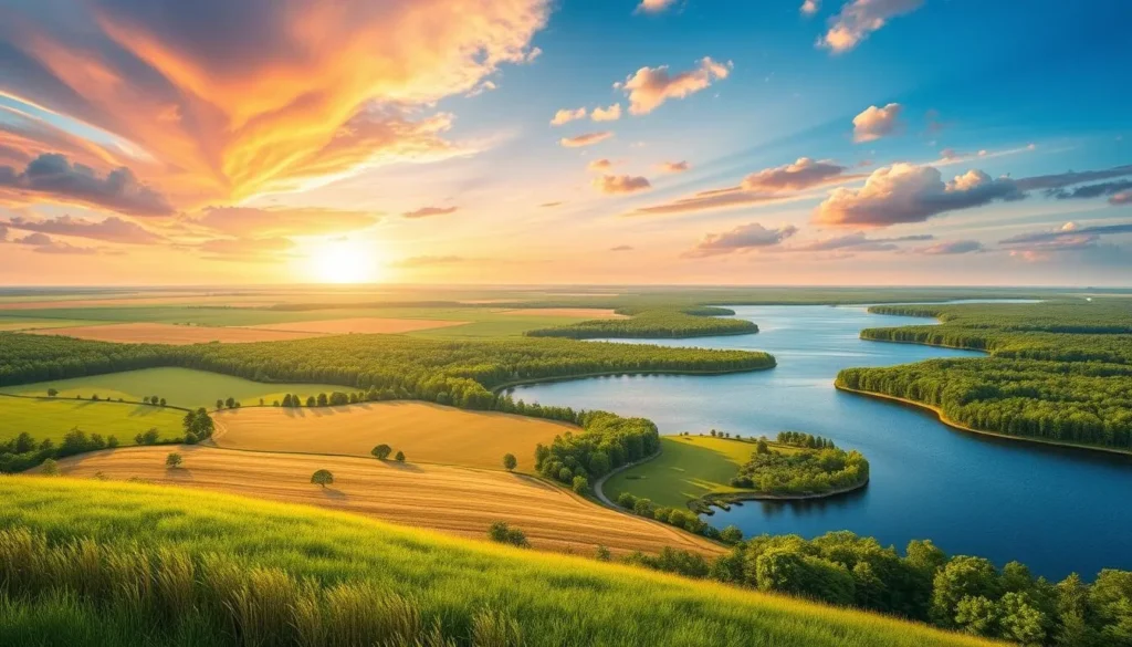 An image of Minto-Brown Island Park with diverse landscapes including open fields, wooded areas, and lakes.