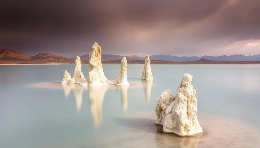 An image of Mono Lake with its distinctive tufa towers rising out of the water