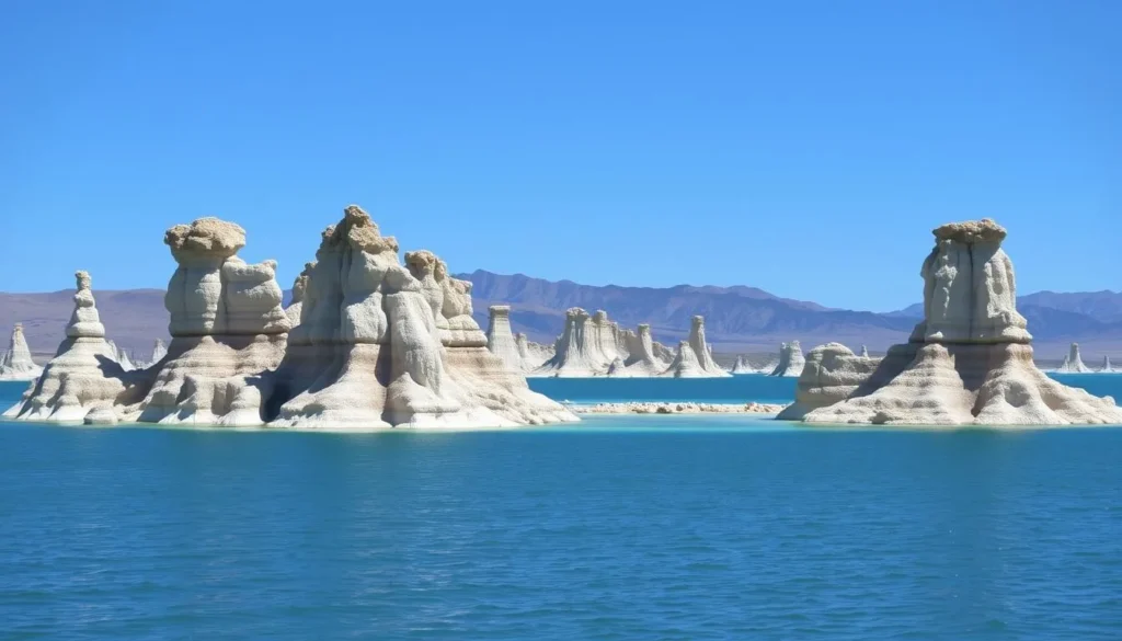 An image of Mono Lake's Tufa Towers, with their distinctive limestone formations rising from the lake's surface.