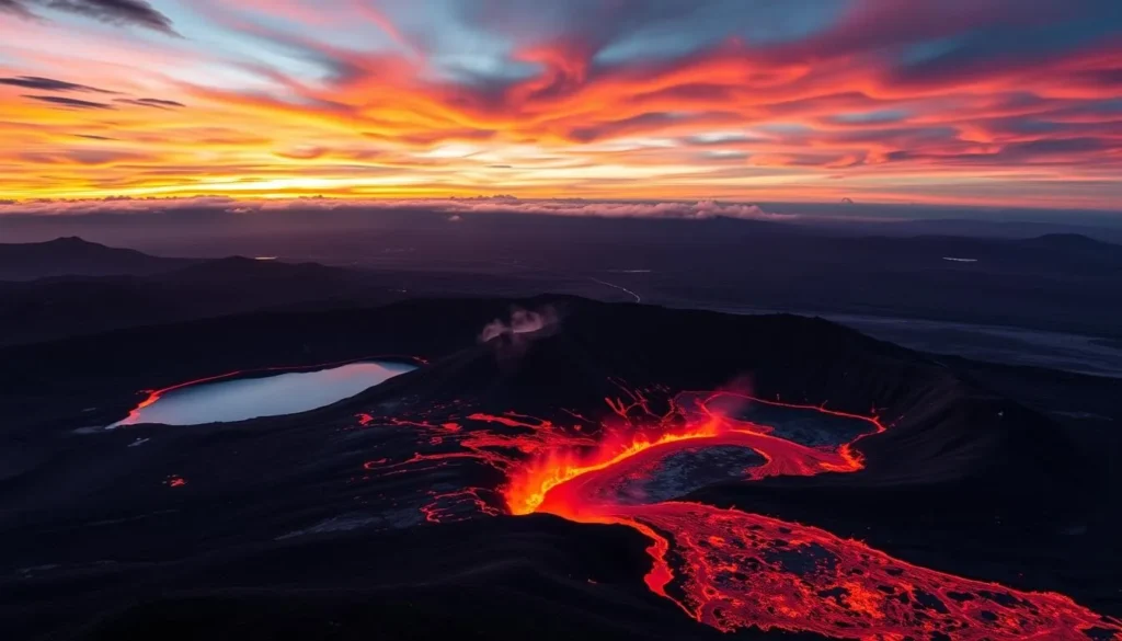An image of Nyiragongo Volcano's lava lake at sunset