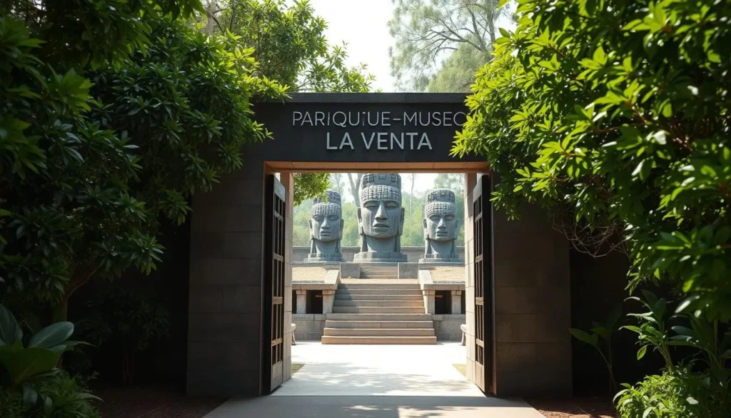 An image of Parque-Museo La Venta's main entrance with lush greenery and a glimpse of the Olmec colossal heads in the background.
