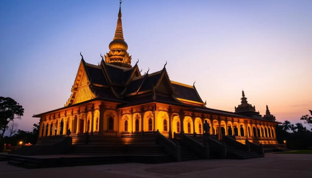 An image of Phimai Historical Park's main temple during sunrise