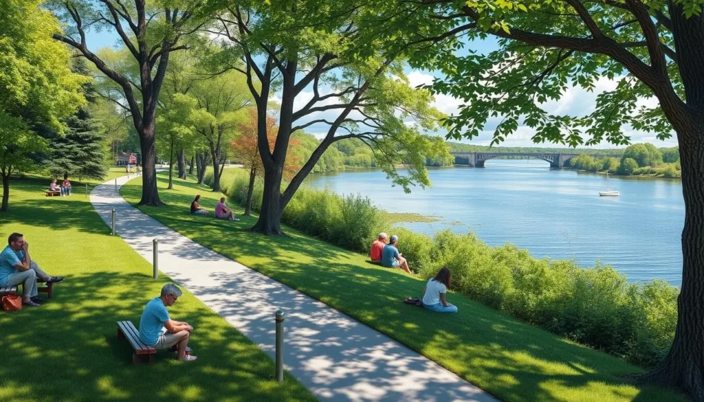 An image of Pine Island Park's walking trails along the Merrimack River, with people picnicking and enjoying nature.