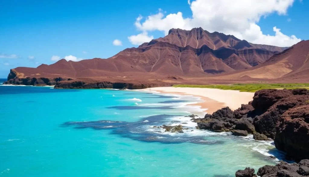 An image of Polihua Beach on Lanai, Hawaii, showcasing its pristine shoreline and crystal-clear waters.