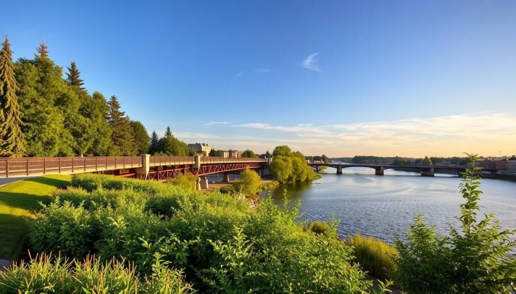 An image of Salem Riverfront Park with scenic views along the Willamette River and modern pedestrian bridges.