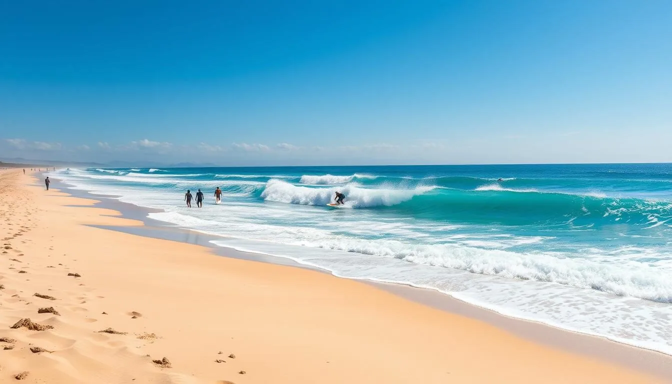 An image of Sandy Beach on a sunny day with surfers riding the waves.