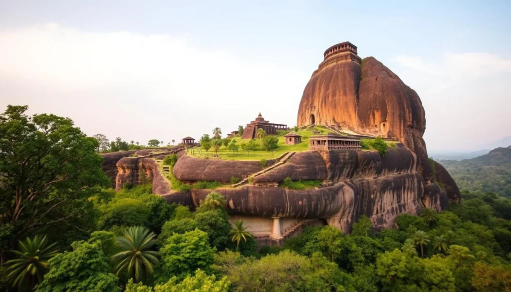 An image of Sigiriya Rock Fortress, a massive rock formation with ancient palace ruins on top.