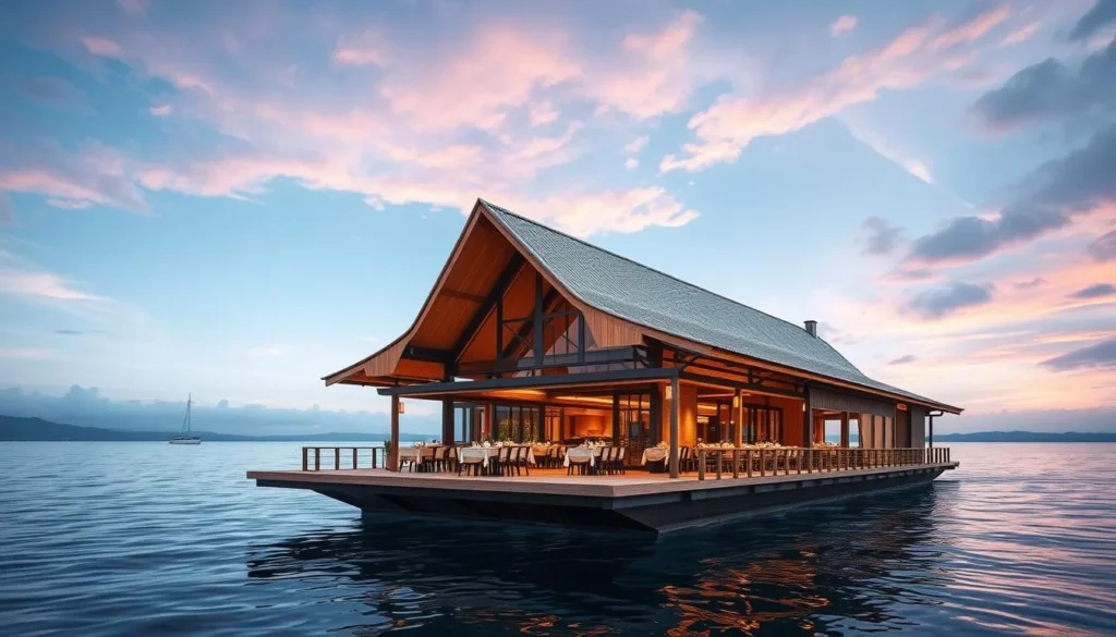 An image of Smith Marine Floating Restaurant's exterior, showcasing its modern kelong setting and the surrounding waters.
