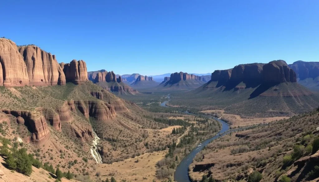 An image of Smith Rock State Park with the Crooked River winding through it.