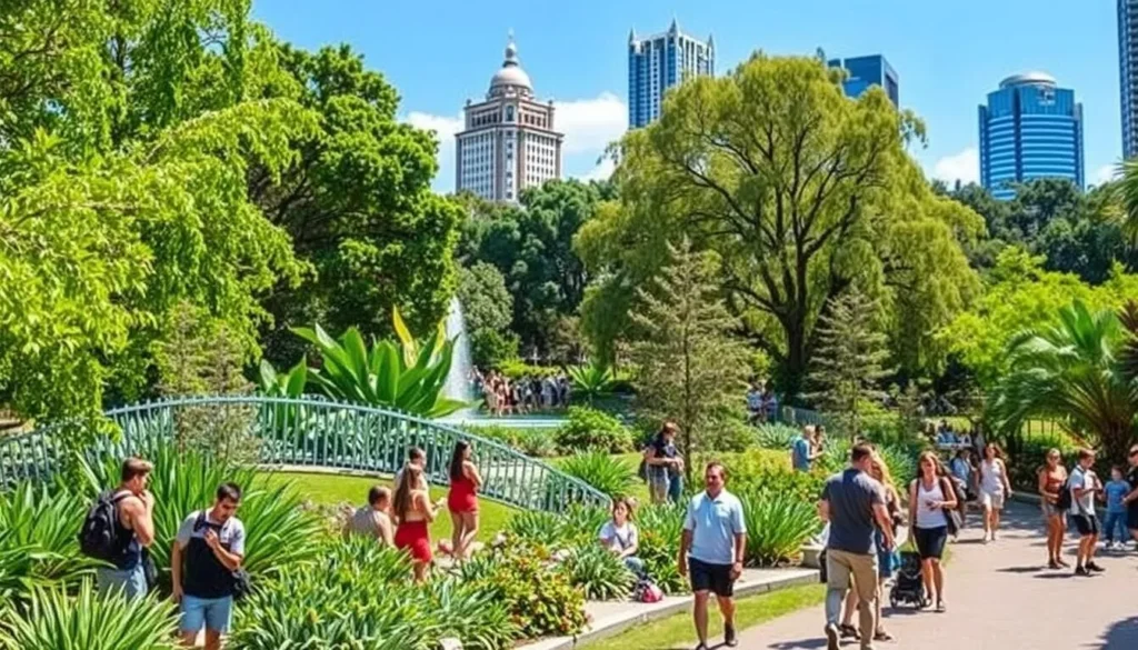 An image of South Bank Parklands with lush greenery and people enjoying the surroundings