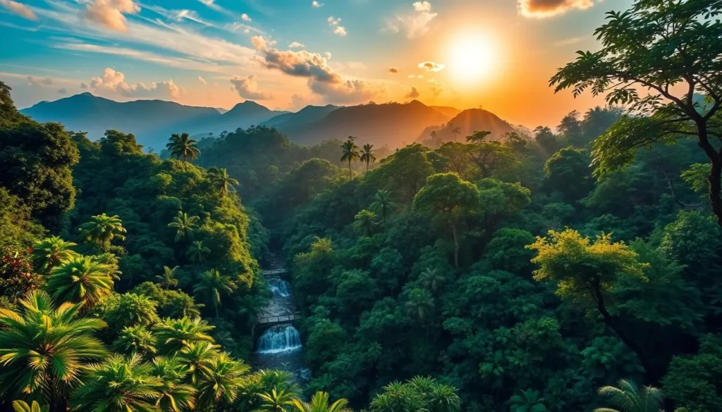 An image of Tai National Park's lush rainforest with diverse wildlife