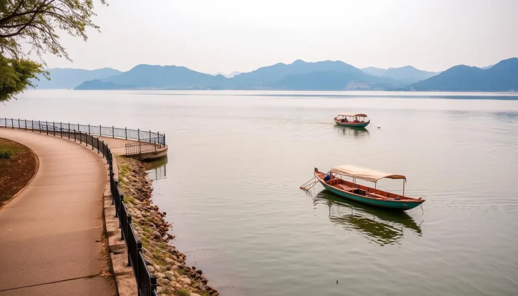 An image of Tam Bac Lake with a scenic walkway or a boat.