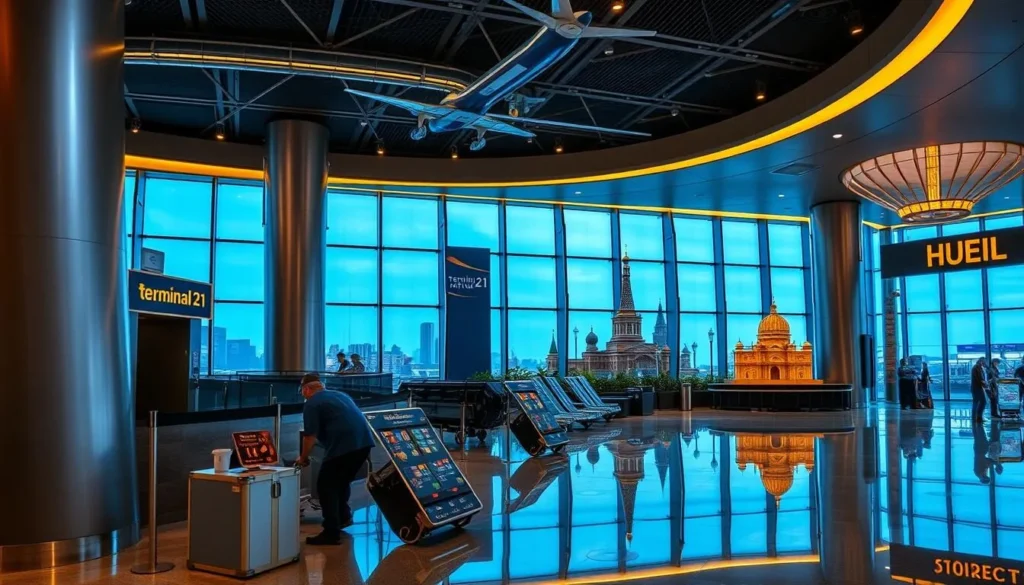 An image of Terminal21 Pattaya's interior, showcasing its unique airport-themed decorations and iconic landmarks.