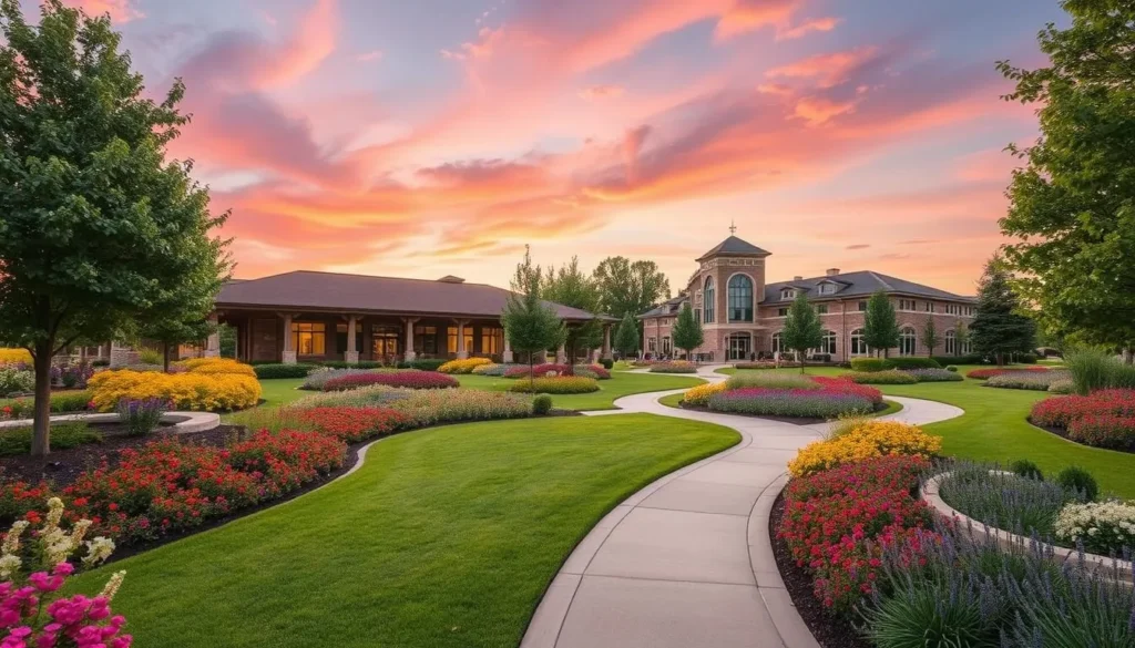 An image of The Gathering Place in Tulsa, showcasing its beautiful gardens and walking trails.