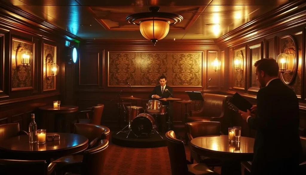 An image of The National Hotel's speakeasy-style basement bar with live jazz music.