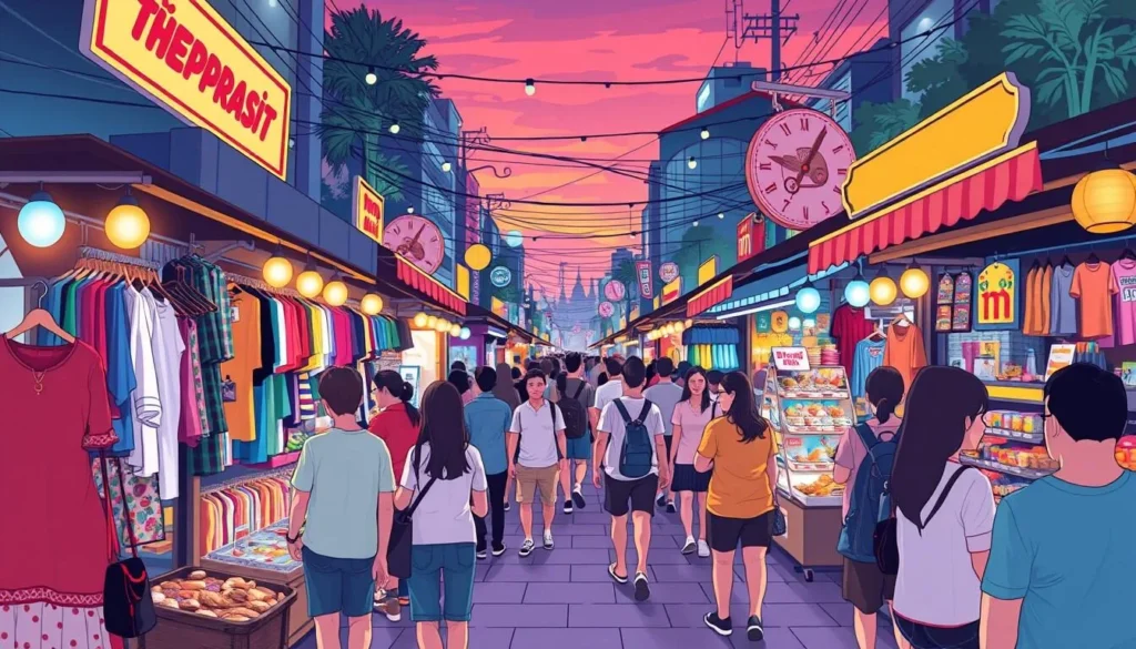 An image of Thepprasit Night Market with a bustling crowd and stalls selling clothing, accessories, and street food.