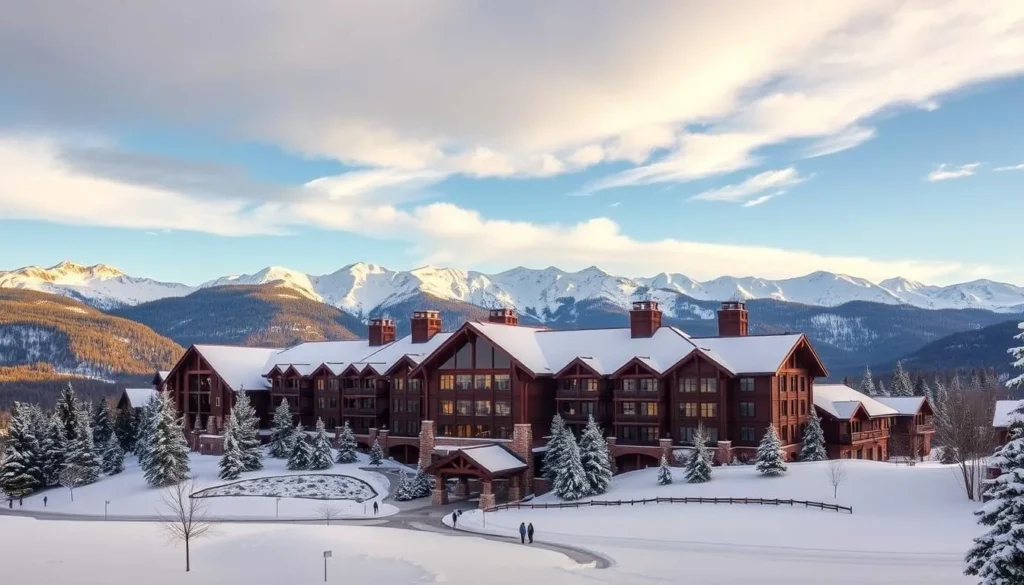 An image of Timberline Lodge with a snowy mountain view