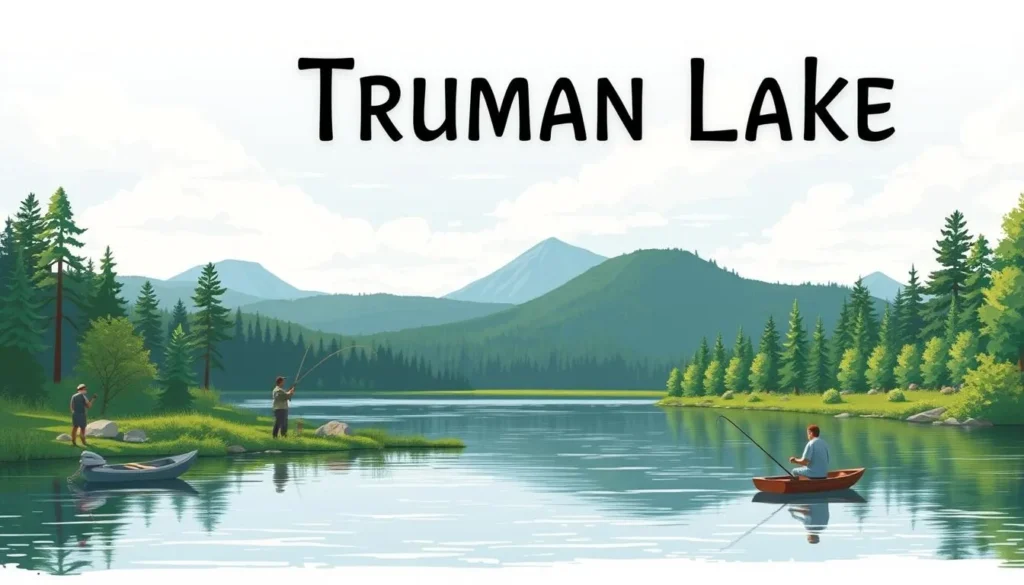 An image of Truman Lake with a serene landscape and fishing activities