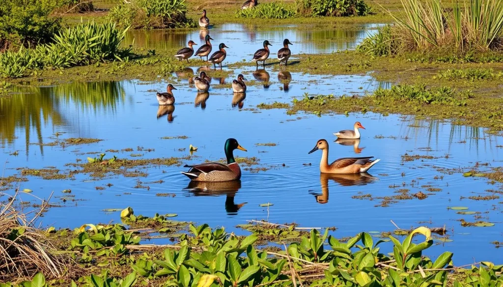 An image of Tsarasaotra Park, Antananarivo, with diverse bird species, including Meller's duck and Madagascar little grebe, in a serene wetland environment.