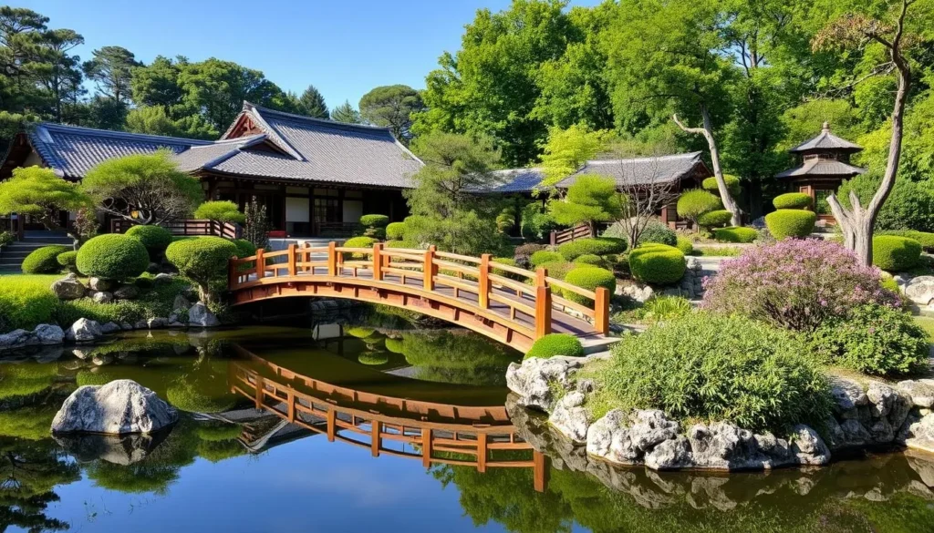 An image of Tsuru Island Japanese Garden, featuring its traditional landscaping or wooden bridge