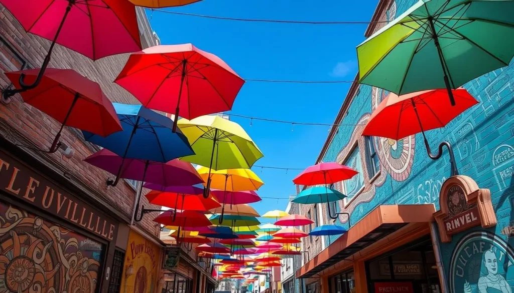An image of Umbrella Alley in Louisville with colorful umbrellas and murals