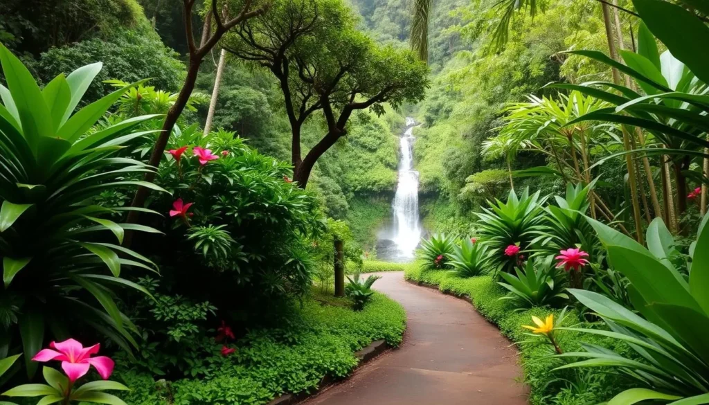 An image of Waimea Valley's lush entrance with a pathway leading to a waterfall in the distance.