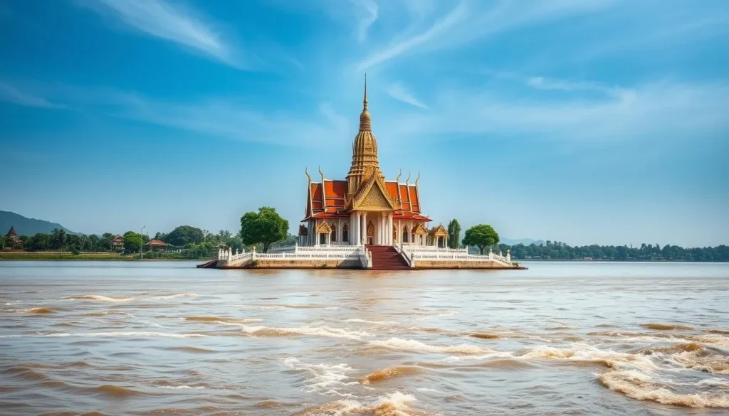 An image of Wat Hanchey temple with the Mekong River in the background