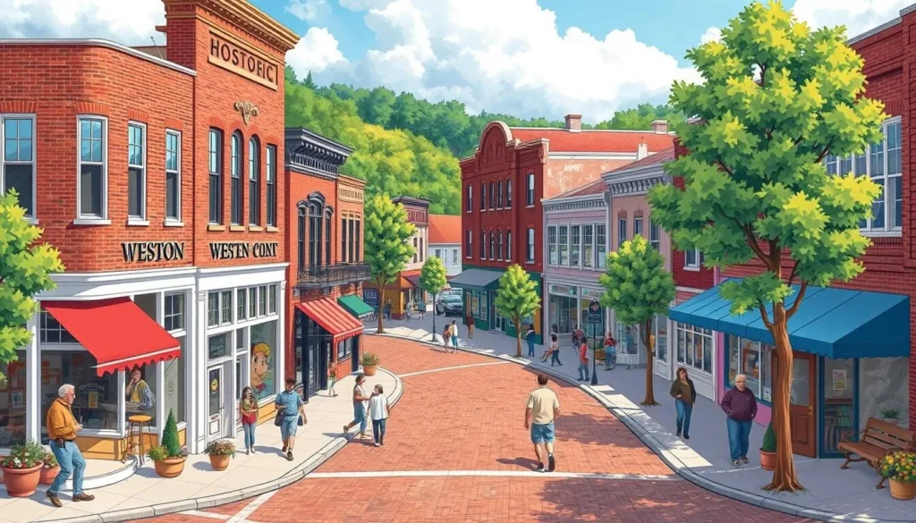 An image of Weston, Missouri's historic downtown area
