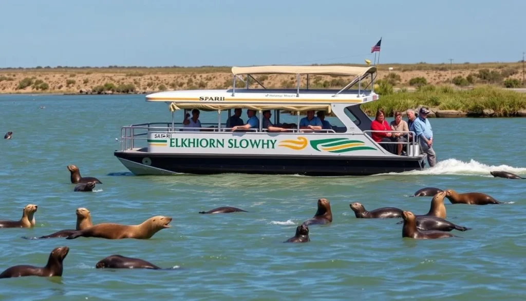 An image of a 27-foot open-air pontoon boat with Elkhorn Slough Safari, navigating through the slough with sea otters and seals in the surrounding waters.
