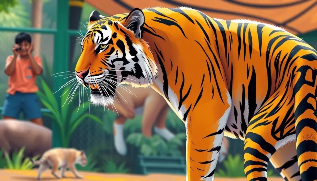 An image of a Bengal tiger at Sriracha Tiger Zoo, interacting with its handler during a show.