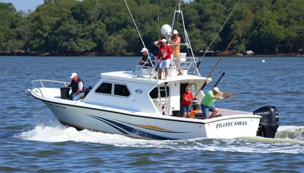 An image of a Biloxi Shrimping Trip in action, with a boat and crew.