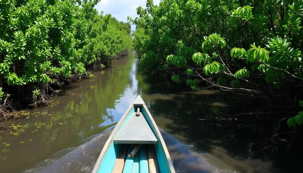An image of a boat navigating through the Epe Mangroves
