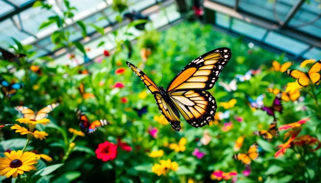 An image of a butterfly fluttering inside the Butterfly House at Put-in-Bay