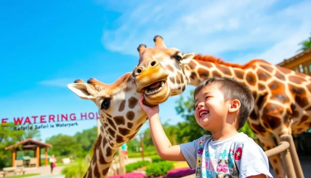 An image of a child feeding a giraffe at The Watering Hole Safari and Waterpark