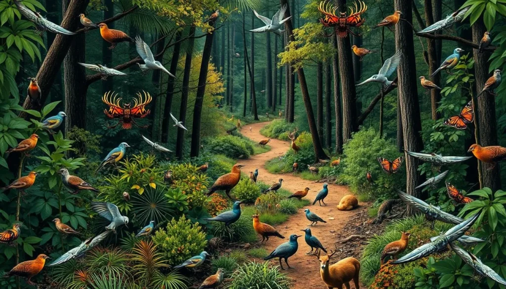 An image of a dense forest with a winding hiking trail and diverse wildlife.